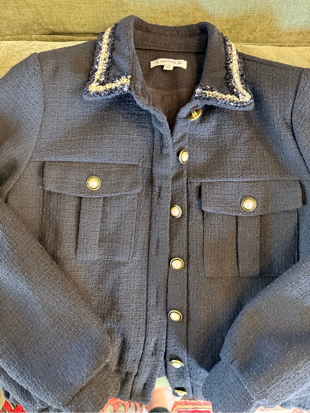 Classic Black Designer Inspired Tweed Jacket w/ Contrast Chain Collar.